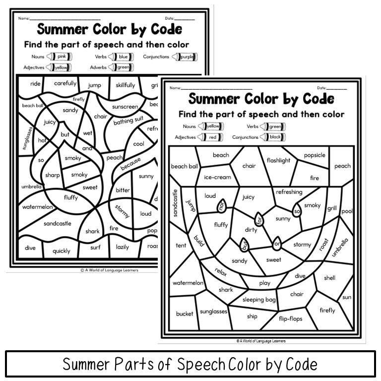Preview page of summer parts of speech color by code for ESL students in grades 2-5