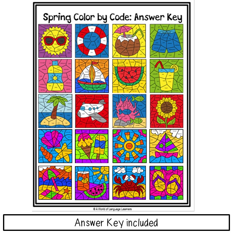 Preview page of summer parts of speech color by code for ESL students in grades 2-5