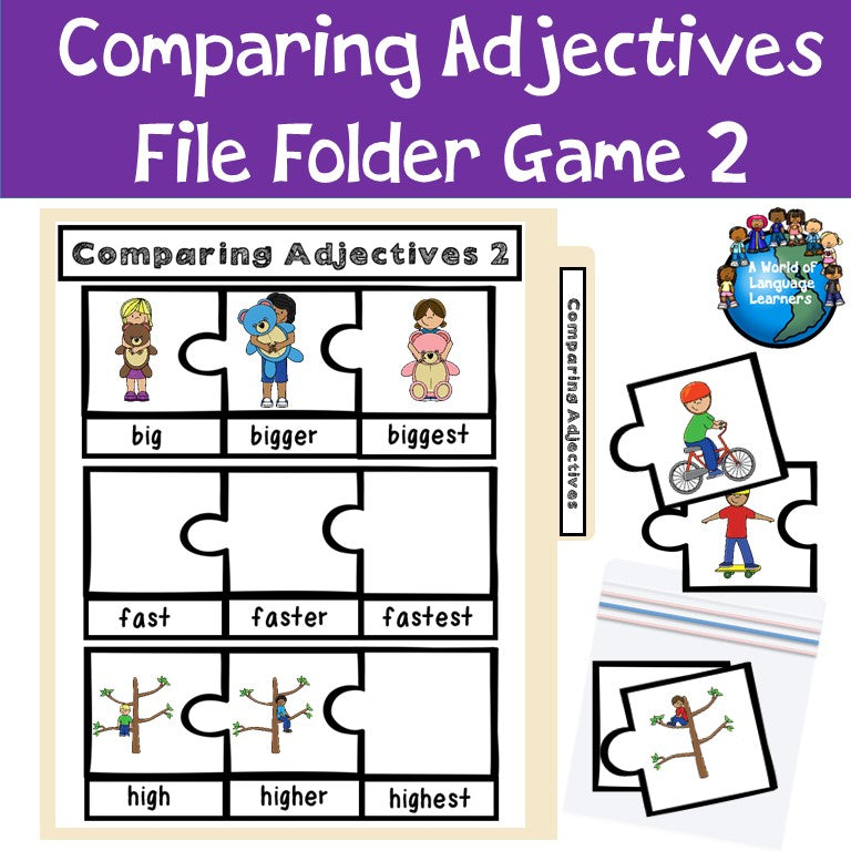 Cover of comparing adjectives file folder game 2 for ESL students in grades 2-5
