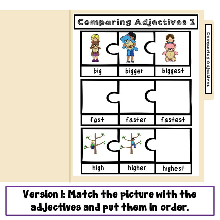 Preview page of comparing adjectives file folder game 2 for ESL students in grades 2-5