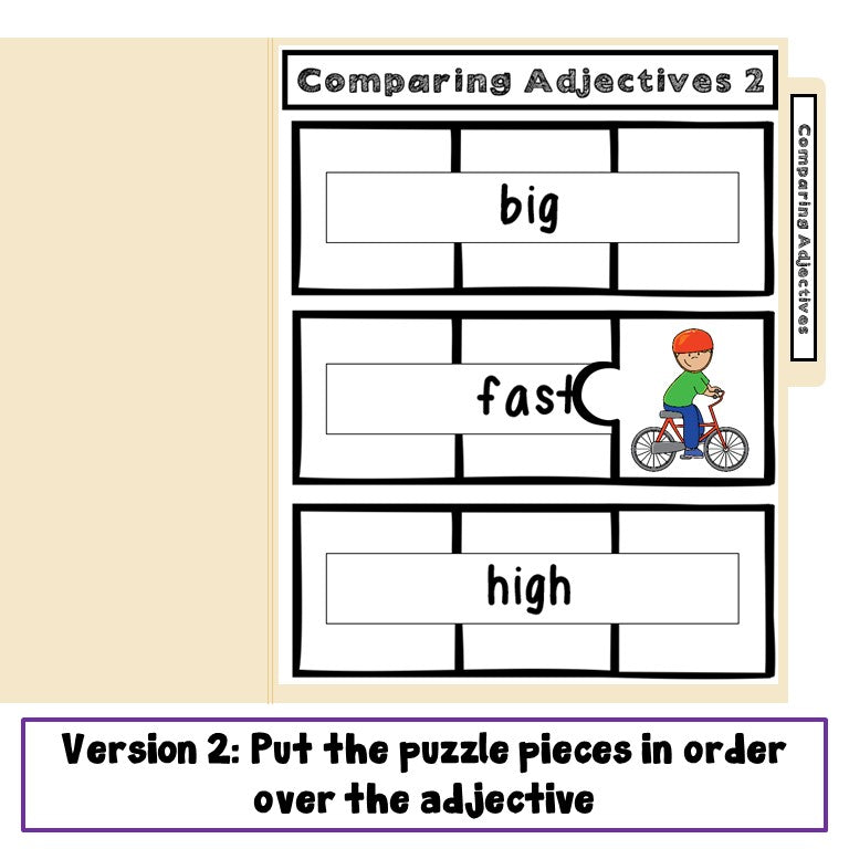 Preview page of comparing adjectives file folder game 2 for ESL students in grades 2-5