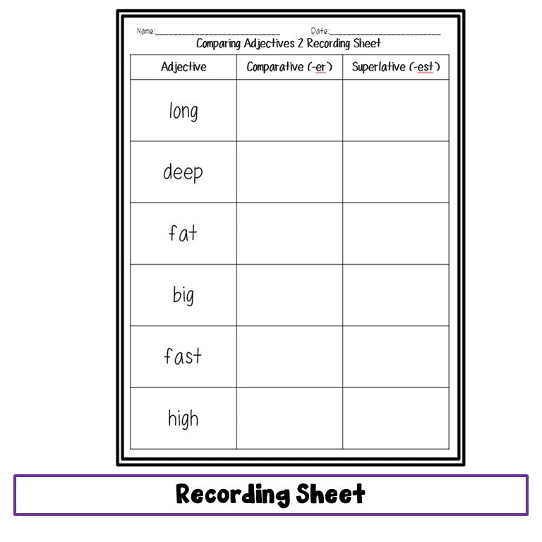 Preview page of comparing adjectives file folder game 2 for ESL students in grades 2-5