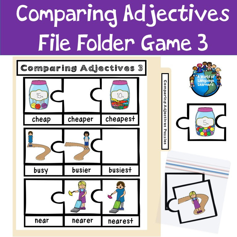 Cover of comparing adjectives file folder game 3 for ESL students in grades 2-5
