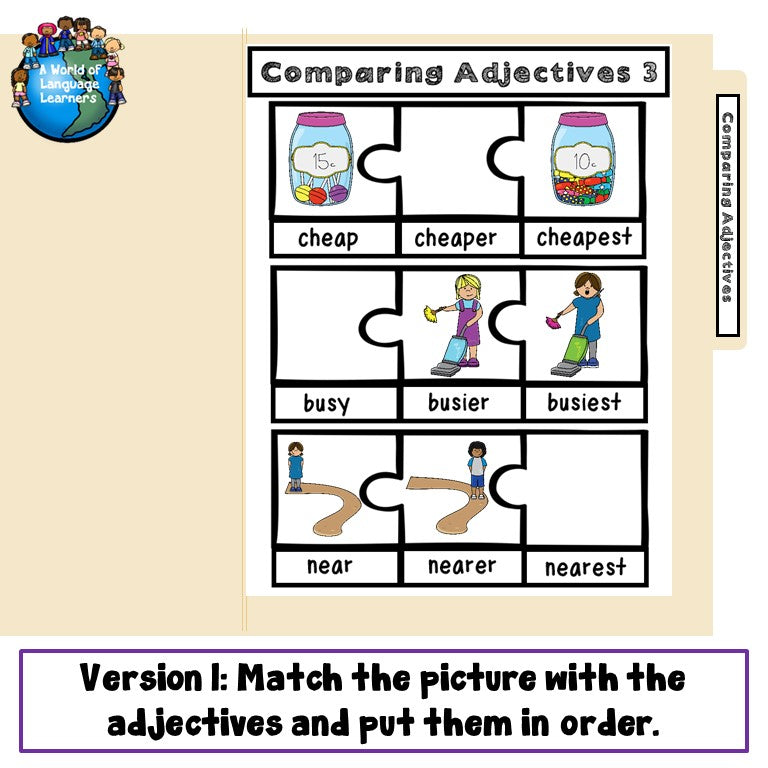 Preview page of comparing adjectives file folder game 3 for ESL students in grades 2-5