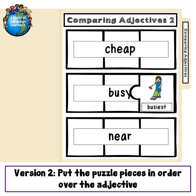 Preview page of comparing adjectives file folder game 3 for ESL students in grades 2-5