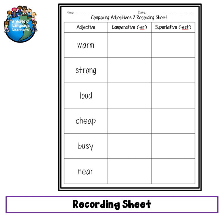 Preview page of comparing adjectives file folder game 3 for ESL students in grades 2-5