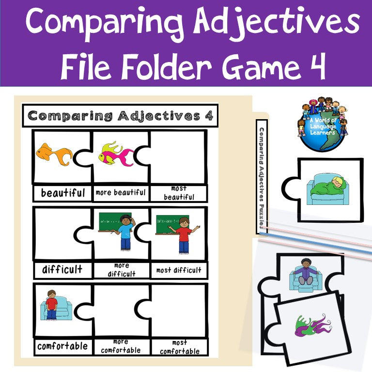 Cover of comparing adjectives file folder game 4 for ESL students in grades 2-5