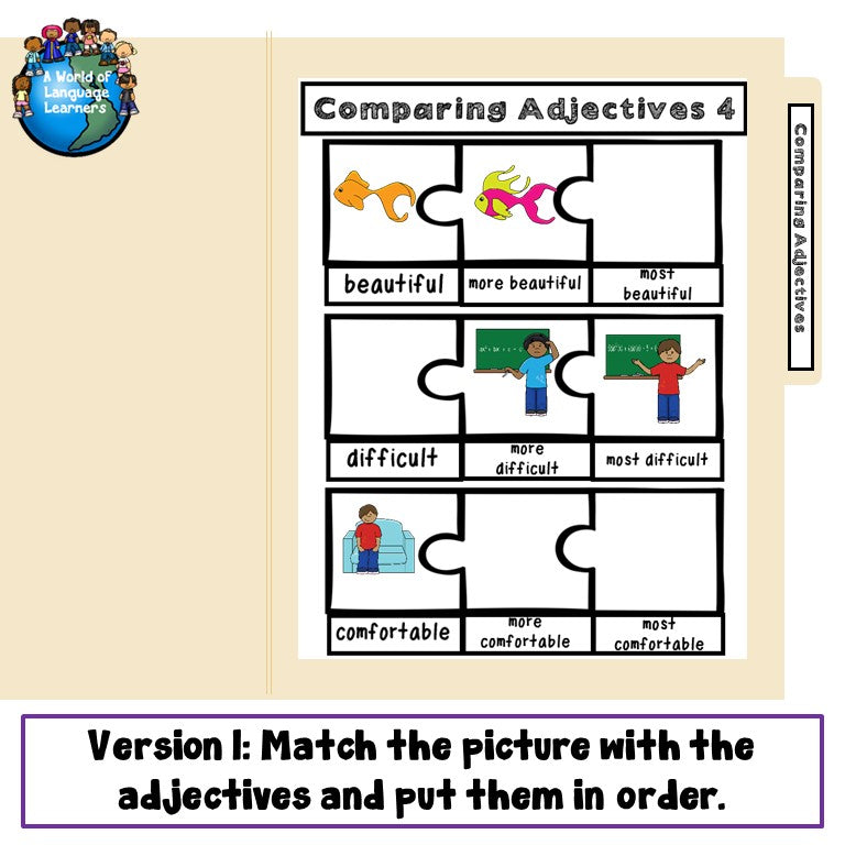 Preview page of comparing adjectives file folder game 4 for ESL students in grades 2-5