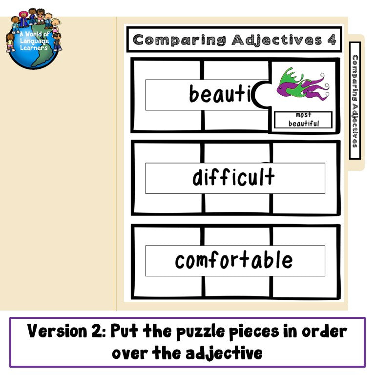 Preview page of comparing adjectives file folder game 4 for ESL students in grades 2-5
