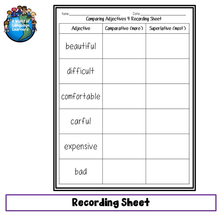 Preview page of comparing adjectives file folder game 4 for ESL students in grades 2-5