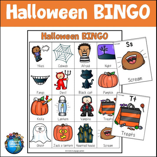 Cover of Halloween BINGO showing a picture board with Cobweb, Fangs, Pumpkin, Vampire and Ghost, plus Scream and Treats calling cards