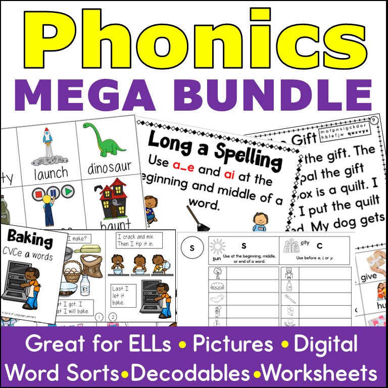Phonics Mega Bundle Word Sorts and Picture Vocabulary Practice Activities