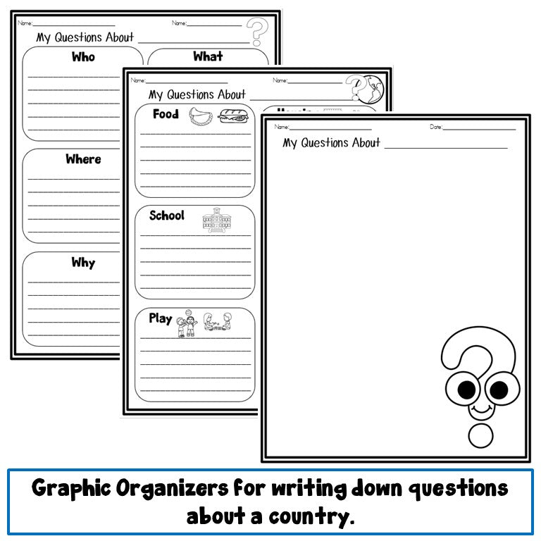 Preview page of countries asking and answering questions organizers for ESL grades 2-4