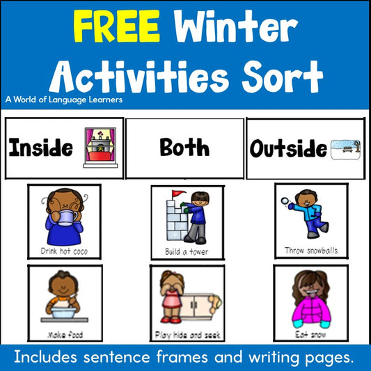 Cover of Free Winter Activities Sort with Inside, Both and Outside headers and pictures like drink hot coco and throw snowballs