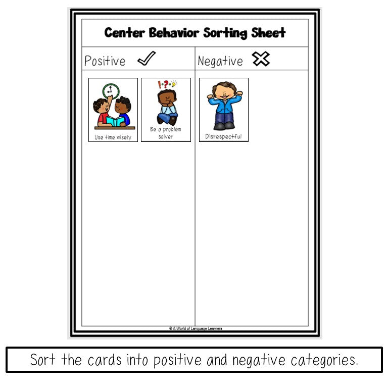 Preview page of school behavior picture sorting cards for ESL students in K-3