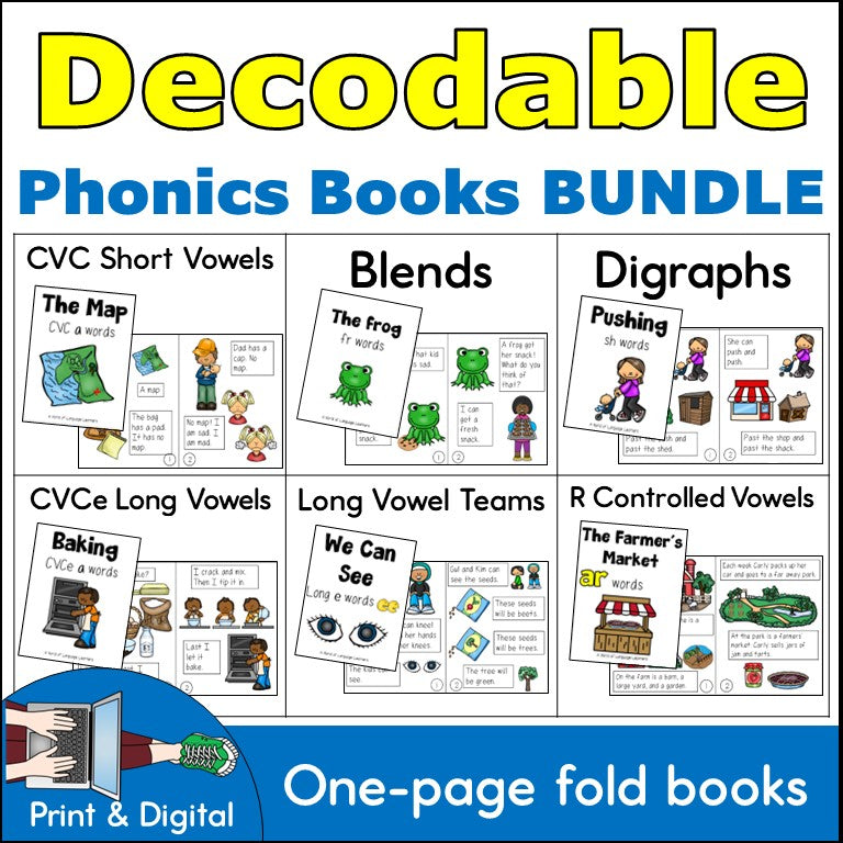 Decodable Phonics Books Bundle | One Page Mini Fold Books | Print & Digital