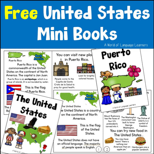 Cover of Free United States Mini Books showing The United States and Puerto Rico books with maps, flags and landmarks