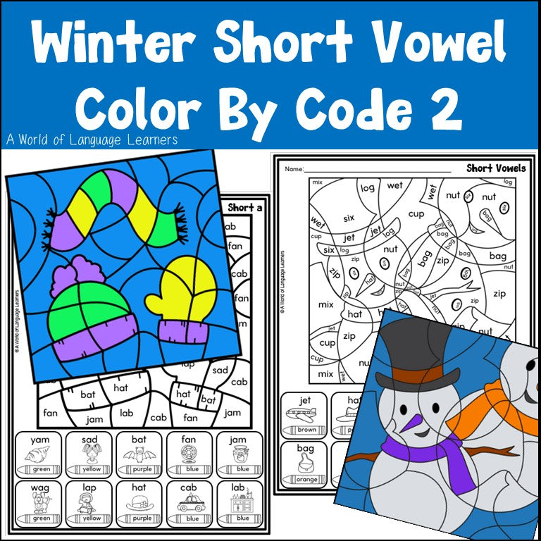 Winter Short Vowel Practice | Phonics Color by Code Worksheets
