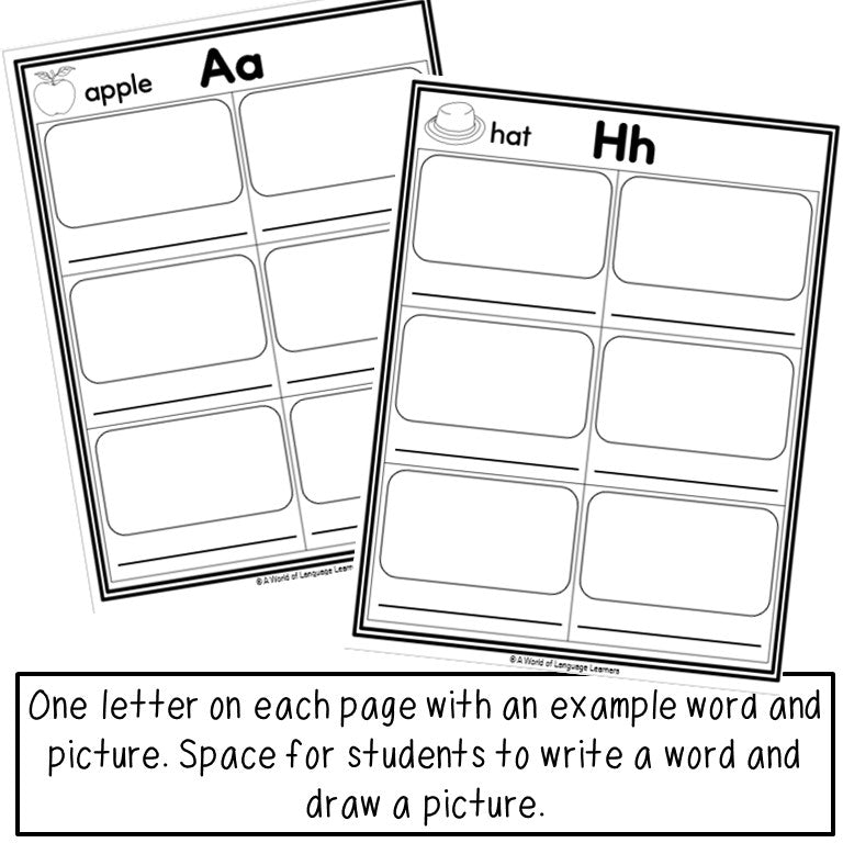 Preview page of Blank Picture Dictionary alphabet book for K-2 ESL students