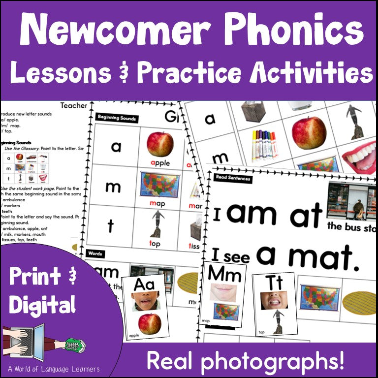 Newcomer Phonics Practice Bundle - Lessons, Decodables, Picture Vocabulary