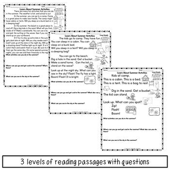 Summer Decodable Books or Passages with Questions and Writing Pages