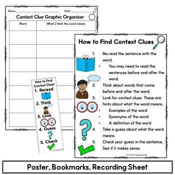 Context clue tips poster, bookmark and recording sheet preview