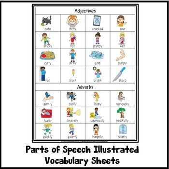 Illustrated vocabulary sheet preview for the parts of speech coloring words