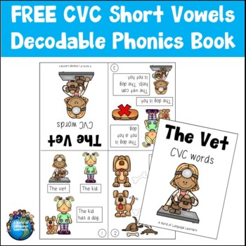 Cover of free decodable phonics book with CVC short vowel words for beginning readers