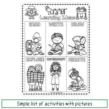 Summer activity list preview with pictures to color
