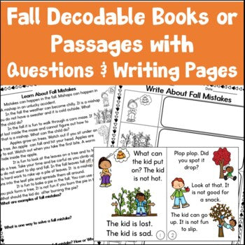 Fall Decodable Books or Passages with Questions and Writing Pages
