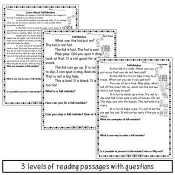Fall Decodable Books or Passages with Questions and Writing Pages