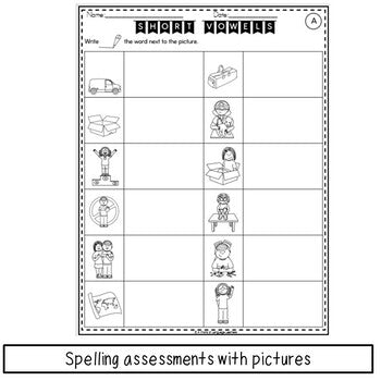 Short vowel decoding practice preview with words and pictures