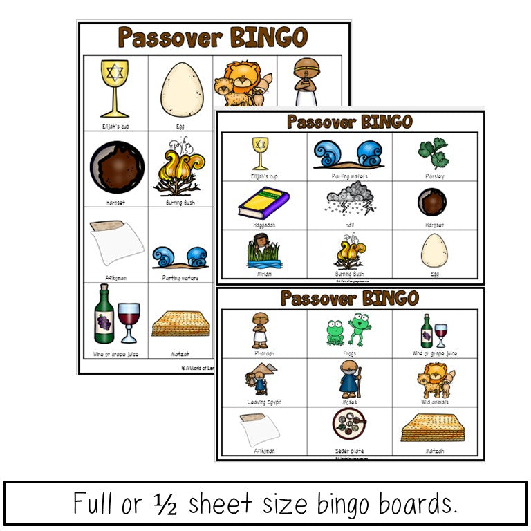 Preview page of Passover bingo game boards and calling cards for kids in K-3