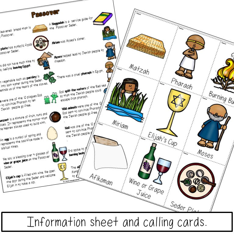 Preview page of Passover bingo game boards and calling cards for kids in K-3