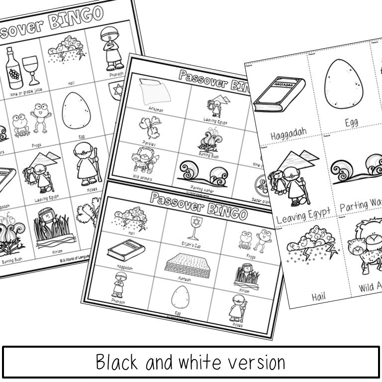Preview page of Passover bingo game boards and calling cards for kids in K-3