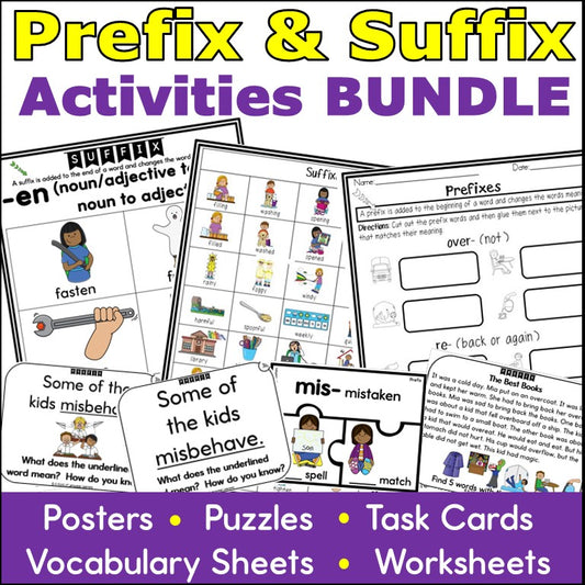 Cover of Prefix and Suffix Activities Bundle with posters, puzzles, task cards, vocabulary sheets and worksheets